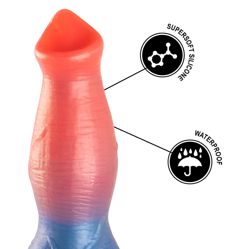 Gode Arion en silicone degrade corail et bleu avec pictos supersoft silicone et waterproof. Fut texture aux teintes vives, matiere souple et etanche resistante a l'eau.