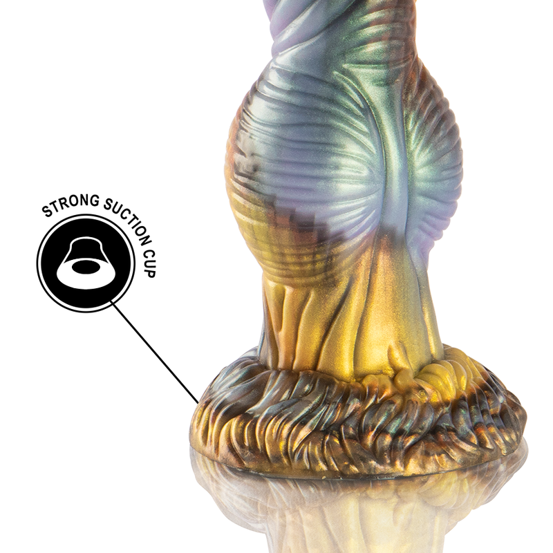 Gros plan de la base ventouse texturee du gode Phoenix dore et violet, picto strong suction cup. Silicone a relief spirale fixable mains libres pour usage vibrant stable.