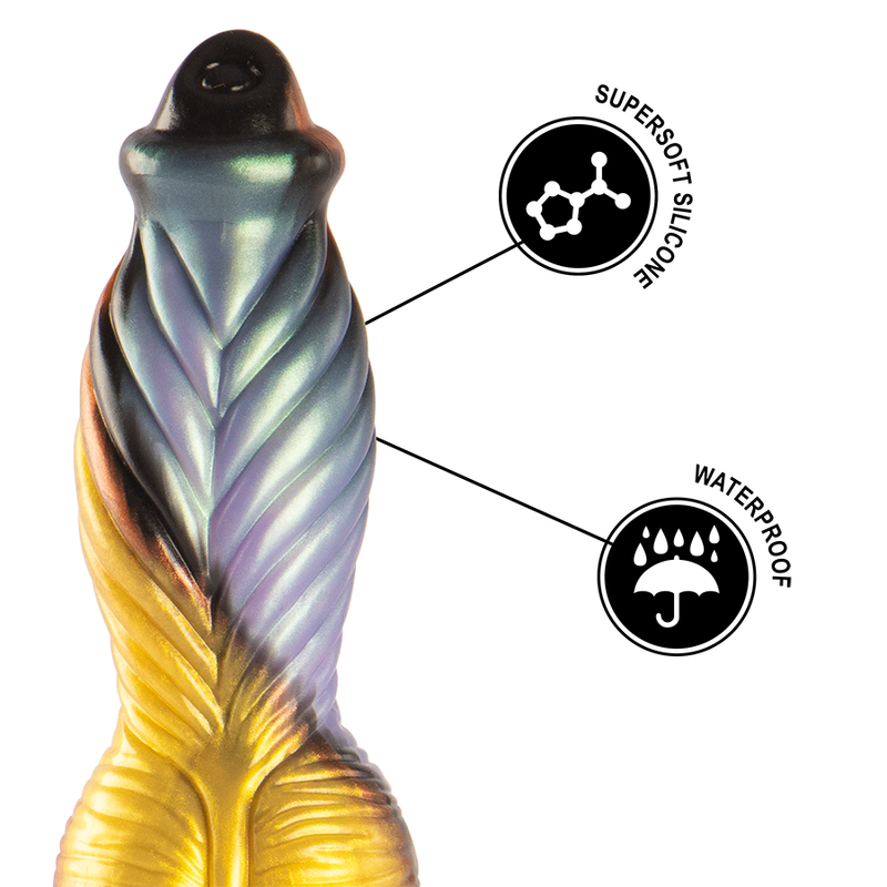 Gode Phoenix en silicone dore et violet avec pictos supersoft silicone et waterproof. Relief spirale torsade, matiere souple et etanche, vibration rechargeable resistante a l'eau.