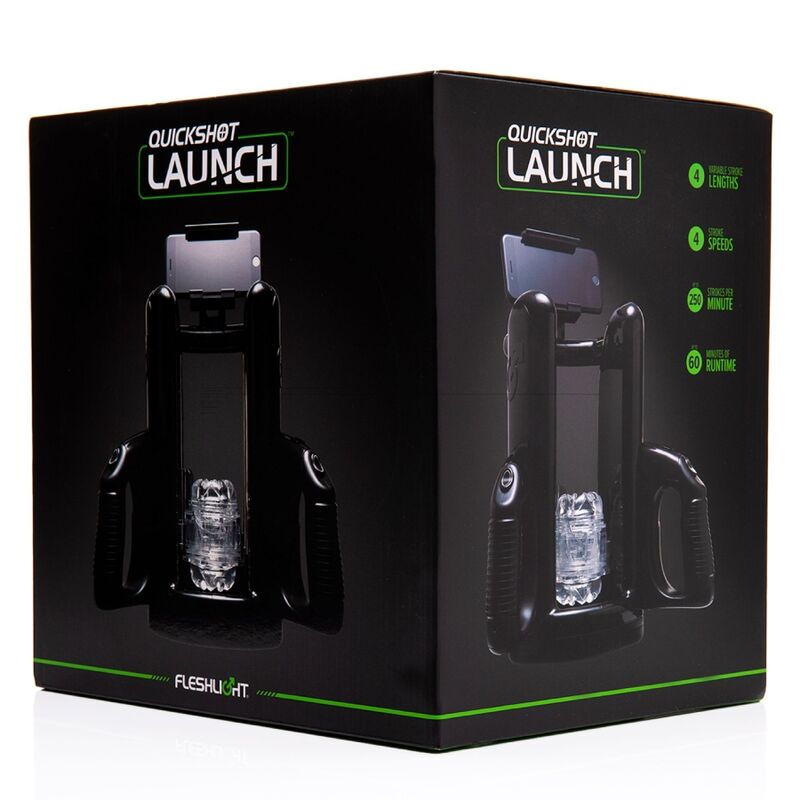 Coffret Quickshot Launch sur fond noir, boite illustrant le support motorise a poignees et pince smartphone, accessoire mains libres pour gaine compacte Fleshlight.