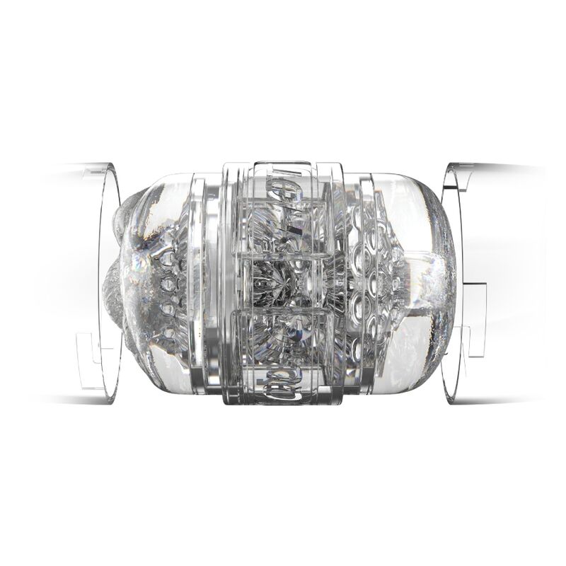 Masturbateur Fleshlight transparent vu en perspective sur fond blanc, gaine cristalline a relief texture non realiste, format compact ouvert en matiere SuperSkin claire.