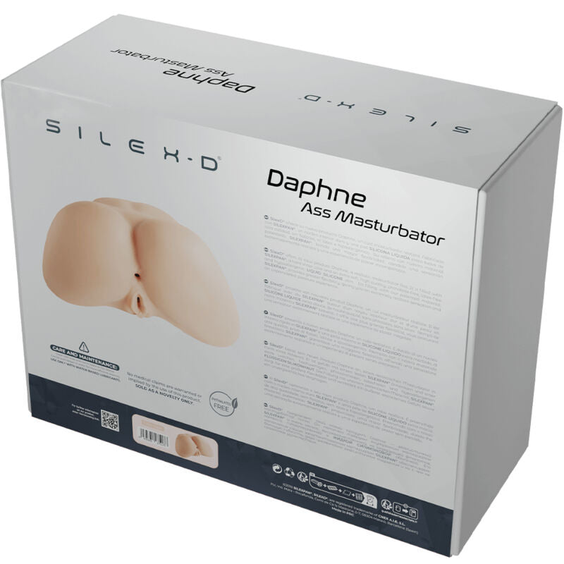 Boîte Silexd Daphné Ass Masturbator vue de dos, visuel des fesses réalistes et orifices moulés. Masturbateur fessier Silexpan ultra-soft, silicone liquide body-safe.