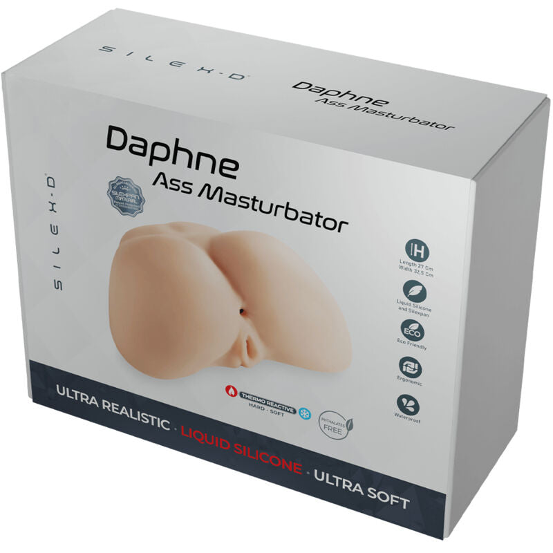 Boîte Silexd Daphné Ass Masturbator, visuel des fesses réalistes avec orifices moulés. Masturbateur Silexpan ultra-soft body-safe, mentions ultra réaliste et liquid silicone.