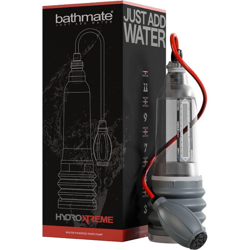 Pompe pénis hydraulique Hydroxtreme 8 Bathmate transparente avec poire handball rouge, présentée près de sa boîte Just Add Water, pour pénis de 15 à 20 cm.