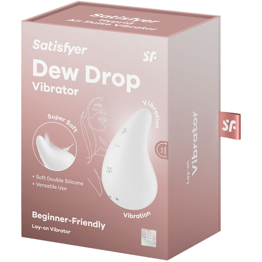 Boîte rose poudré Satisfyer Dew Drop Vibrator, visuel du stimulateur goutte et mention Beginner-Friendly Lay-on Vibrator. Emballage clitoridien à poser.