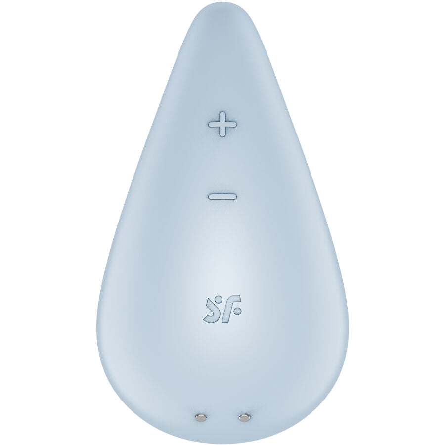 Vibromasseur lay-on Dew Drop bleu pâle vu de face, galbe lisse et commandes plus-moins centrées. Silicone double couche extra-soft Satisfyer, étanche.