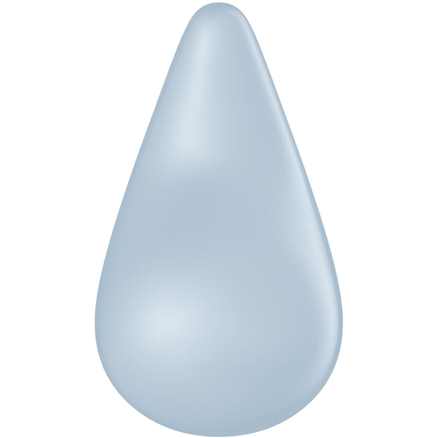Vibromasseur lay-on Dew Drop bleu vu de dos, coque lisse en goutte épurée. Stimulateur clitoridien Satisfyer silicone double couche, étanche sous la douche.