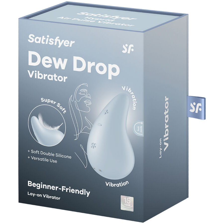 Boîte grise Satisfyer Dew Drop Vibrator avec visuel du stimulateur goutte et mentions Soft Double Silicone et Lay-on Vibrator. Emballage clitoridien.