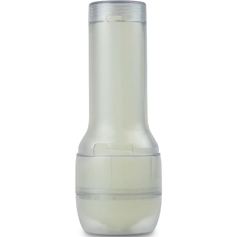 Masturbateur phosphorescent Kiiroo debout dans son etui transparent givre, gaine translucide visible ; jouet masculin compact a canal texture qui brille dans le noir.