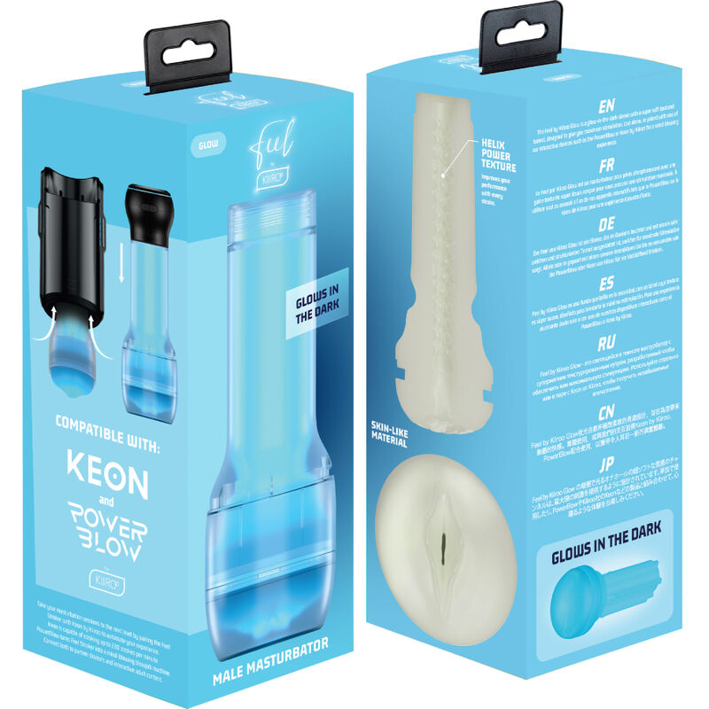 Boites du masturbateur phosphorescent Kiiroo montrant la gaine translucide qui brille dans le noir ; coffret KEON PowerBlow, jouet masculin a canal texture pour usage solo.