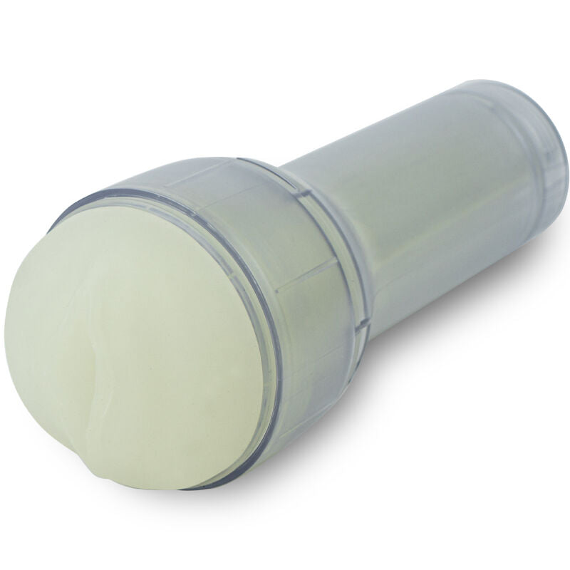 Masturbateur phosphorescent Kiiroo de profil, gaine translucide blanchatre dans un etui transparent ; jouet masculin a canal texture qui brille dans le noir, usage solo.