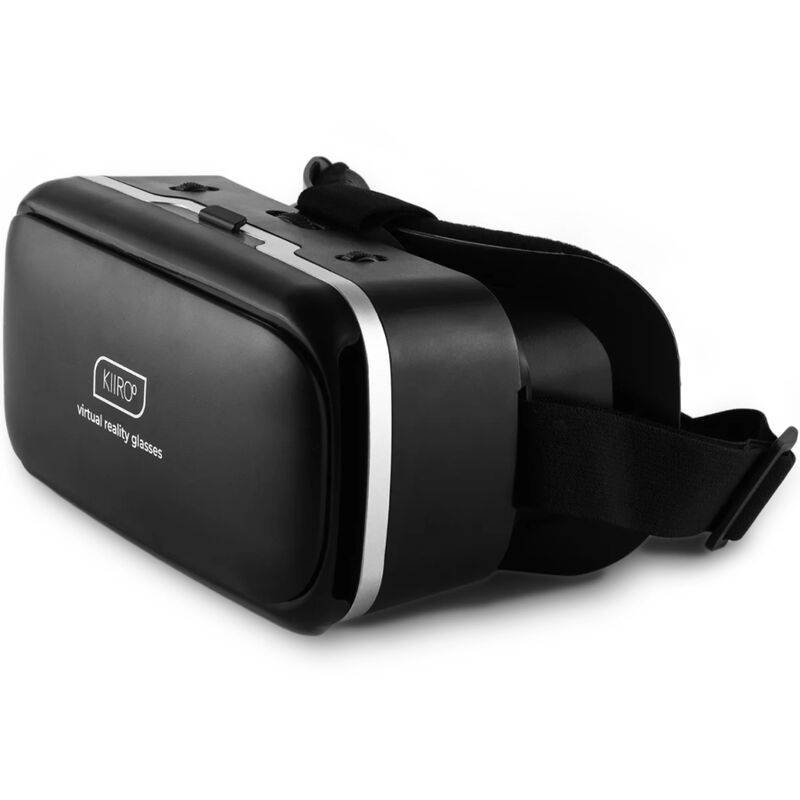 Casque de realite virtuelle Kiiroo de trois quarts, coque ABS noire et sangles reglables ; visionneuse VR pour smartphone, accessoire de contenus immersifs interactifs.