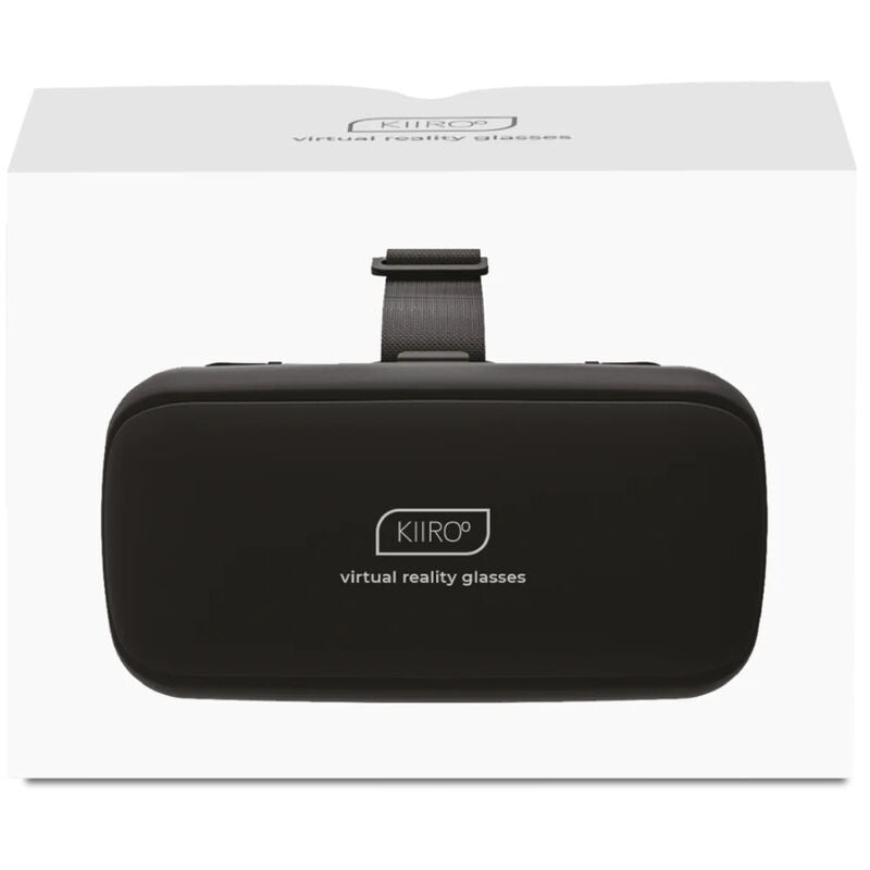 Boite du casque de realite virtuelle Kiiroo avec l'appareil noir en visuel ; visionneuse VR pour smartphone, accessoire d'immersion pour contenus interactifs synchronises.