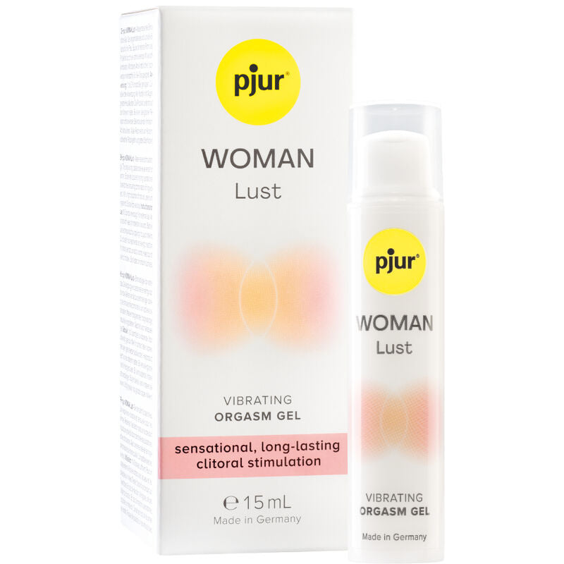 Boite et flacon Pjur Woman Lust 15 ml, gel orgasme vibrant pour stimulation clitoridienne sensationnelle longue duree, application externe, fabrique en Allemagne.