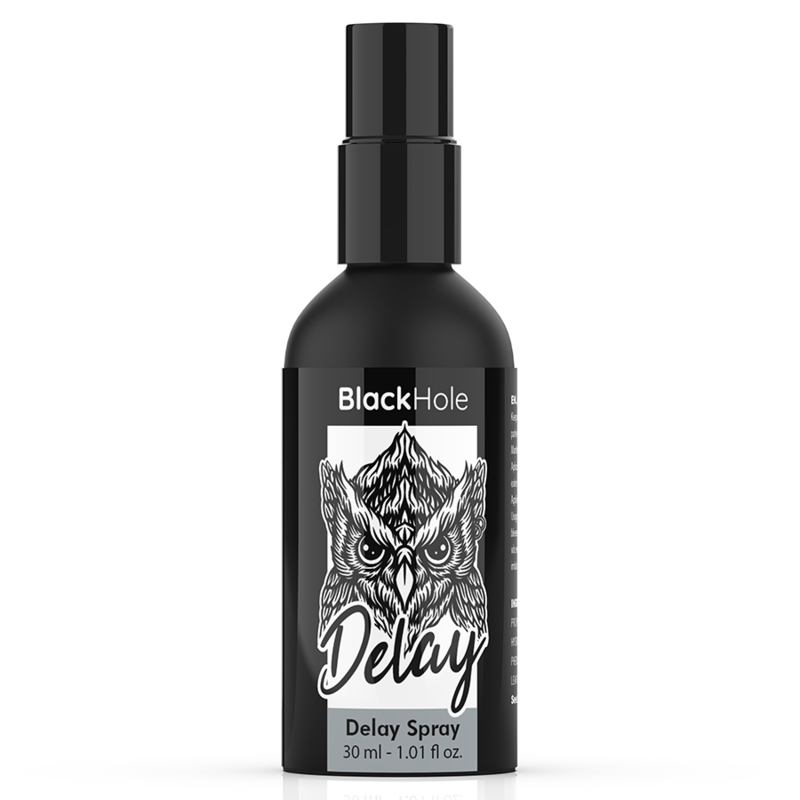 Flacon de spray retardant Black Hole Delay 30 ml de face, vaporisateur noir au logo tigre, formule rafraichissante base eau pour prolonger les rapports