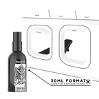 Spray retardant homme Black Hole Delay 30 ml mis en avant pour le voyage, illustration hublots avion et mention 30ml Format Safe For Airplane Travel