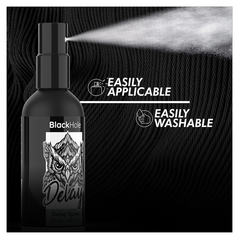 Visuel du spray retardateur Black Hole Delay 30 ml en pulverisation, flacon noir au logo tigre, mentions Easily Applicable et Easily Washable sur fond sombre