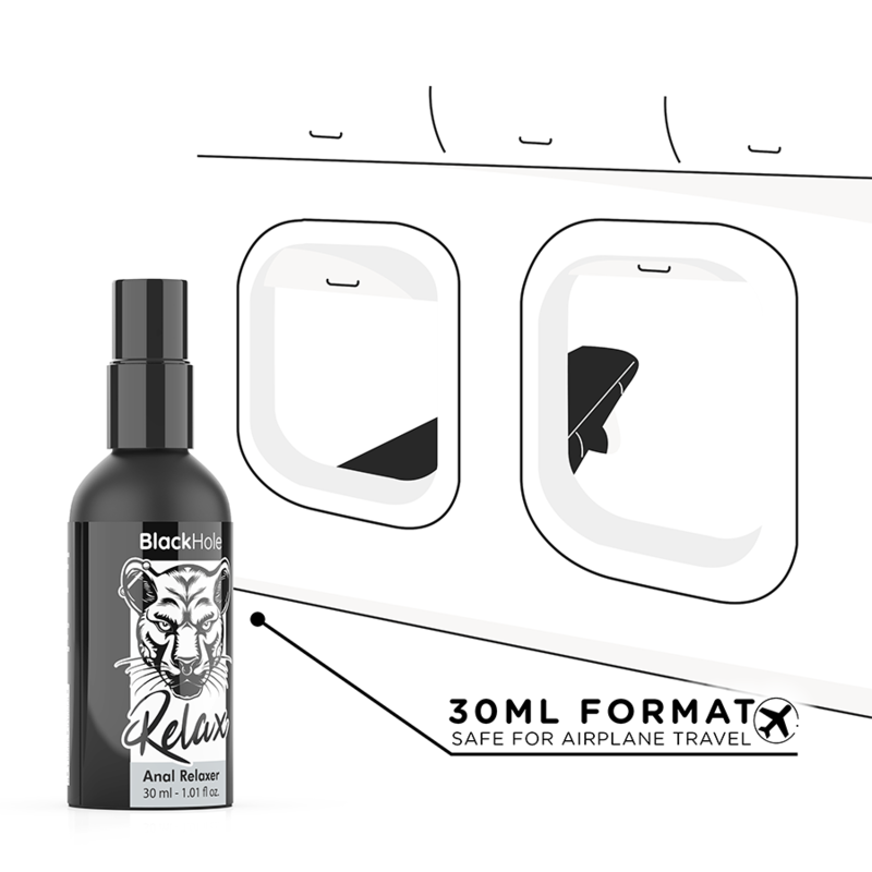 Spray relaxant anal Black Hole Relax 30 ml mis en avant pour le voyage, illustration hublots avion et mention 30ml Format Safe For Airplane Travel