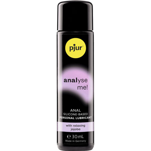 Flacon noir Pjur Analyse Me 30 ml de face, gel relaxant anal base silicone au jojoba, glisse particulierement durable toucher detendant, compatible preservatifs.