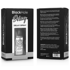 Boite et flacon du spray retardateur Black Hole Delay 30 ml, packaging noir au logo tigre avec notice et code-barres, sans visuel anatomique