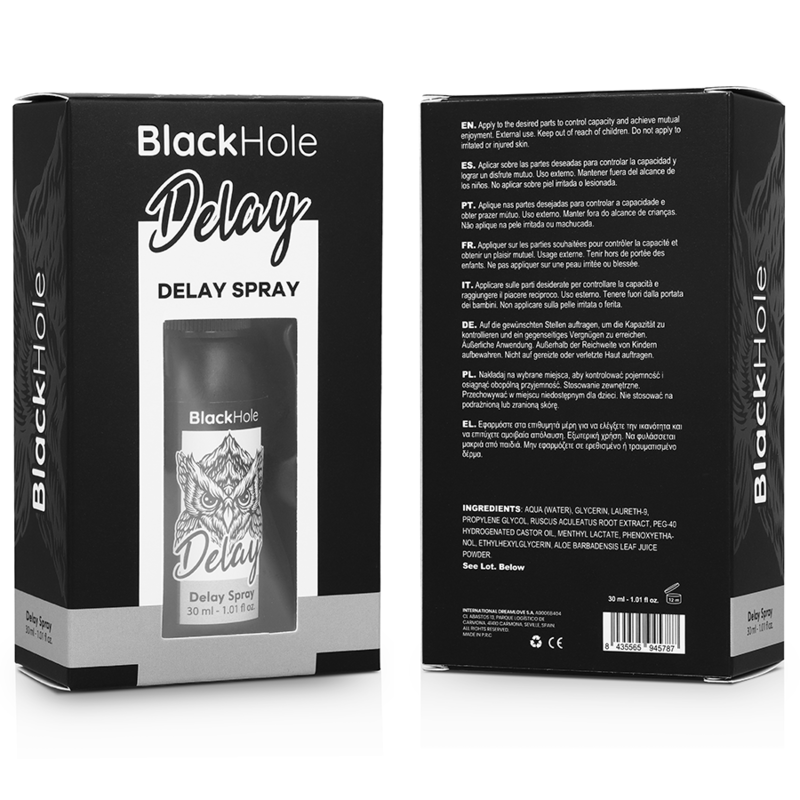 Boite et flacon du spray retardateur Black Hole Delay 30 ml, packaging noir au logo tigre avec notice et code-barres, sans visuel anatomique