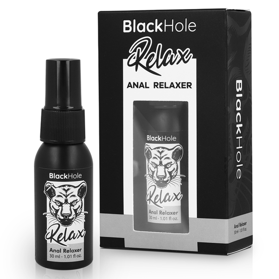 Spray relaxant anal Black Hole Relax 30 ml et sa boîte, flacon noir au logo lion, formule à base d’eau, packshot de face Anal Relaxer