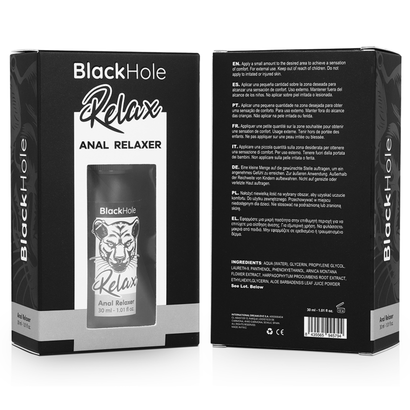 Boîte du spray relaxant anal Black Hole Relax 30 ml, packaging noir au logo lion avec notice et code-barres, vue du produit