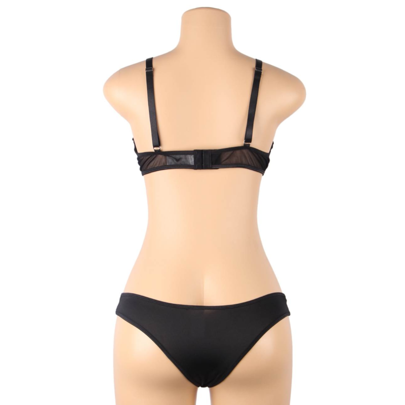 Ensemble Subblime deux pieces presente de dos sur mannequin, soutien-gorge resille a anneaux et culotte noire, agrafes de reglage visibles.