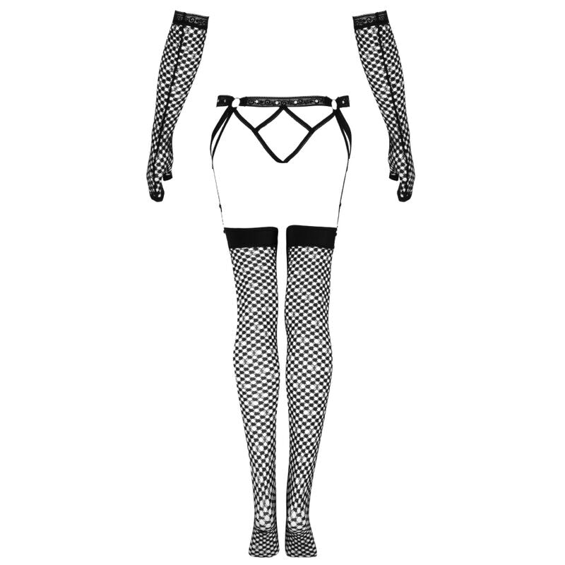 Composition a plat de l'ensemble resille Nemalia Livco Corsetti, gants longs, harnais de hanches lacerie et bas assortis disposes sur fond blanc.