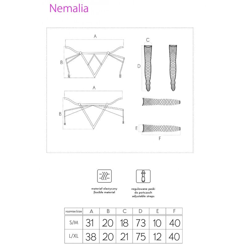 Schema technique Nemalia Livco Corsetti, croquis du harnais et des bas avec pictogrammes d'entretien et tableau de mesures S/M et L/XL en centimetres.