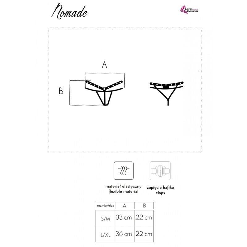 Schema technique Nomade Livco Corsetti, croquis du bandeau et du string cloute avec pictogrammes matiere extensible et tableau de tailles S/M et L/XL.