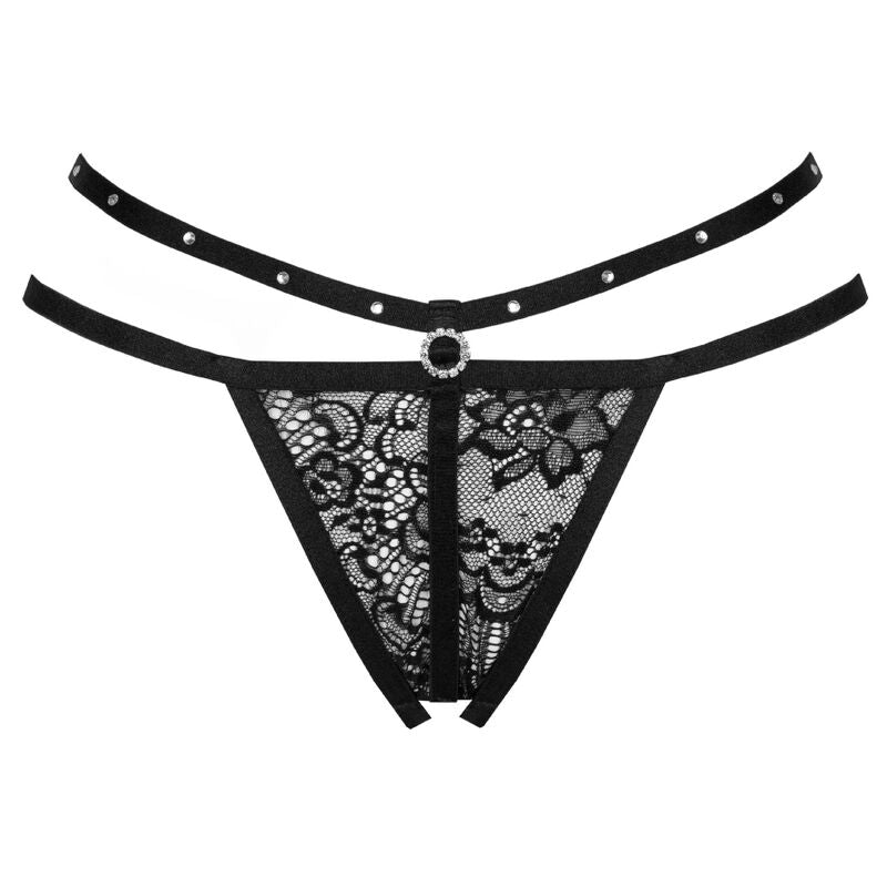 String Nomade Livco Corsetti pose a plat, dentelle florale noire bordee de doubles sangles cloutees a bouton bijou, decoupe entrejambe ouvert sur fond blanc.