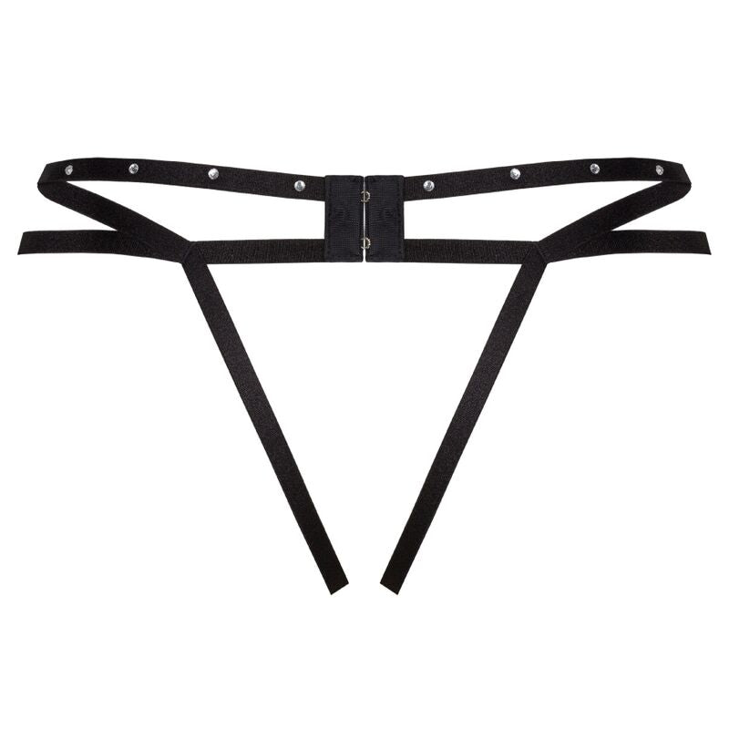 String Nomade Livco Corsetti vu de dos a plat, doubles lanieres cloutees et large entrejambe ouvert echancre, fermoir bijou central sur fond blanc.