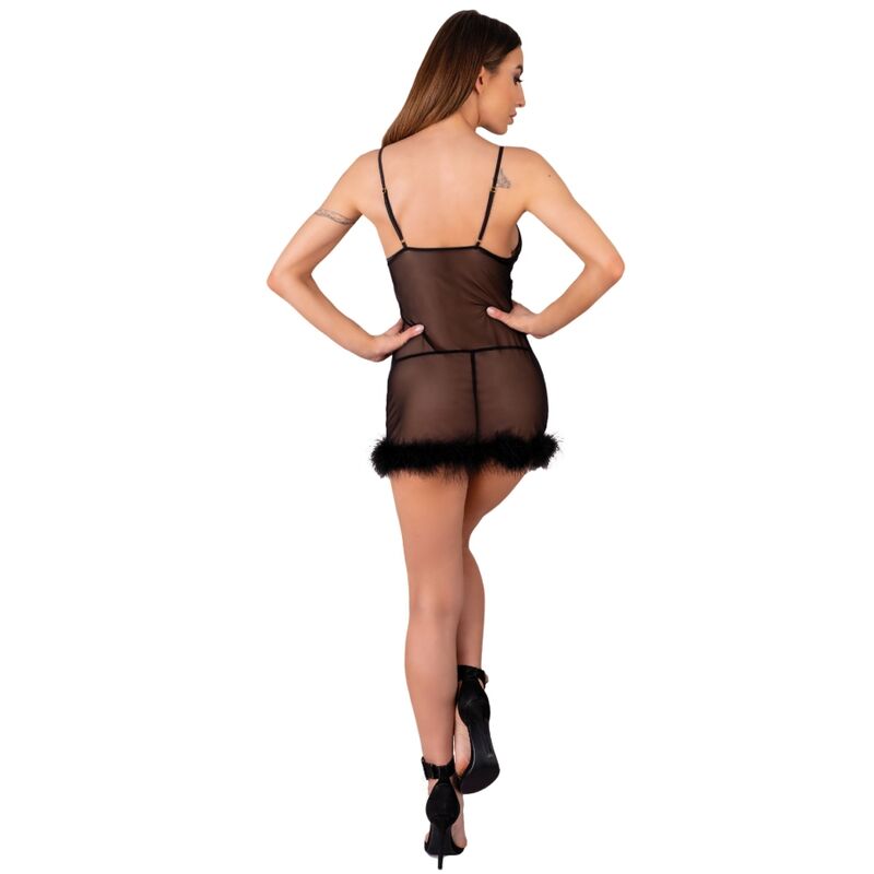 Babydoll voile noir Livco Corsetti vu de dos, dos denude, ourlet de plumes et voile de tulle transparent epousant la silhouette feminine.