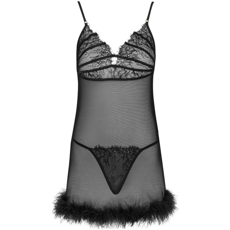Babydoll voile noir Livco Corsetti pose a plat de face, decollete dentelle, tulle transparent et string assorti dispose au centre sur fond blanc.