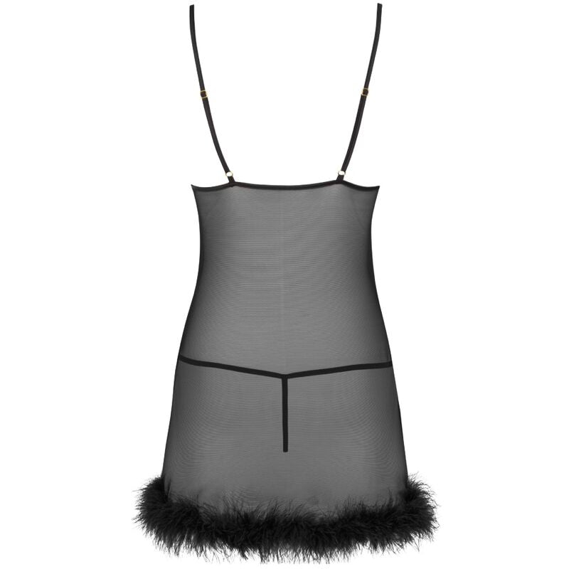 Babydoll voile noir Livco Corsetti a plat de dos, bretelles fines, voile de tulle transparent et ourlet en plumes presentes seuls sur fond blanc.