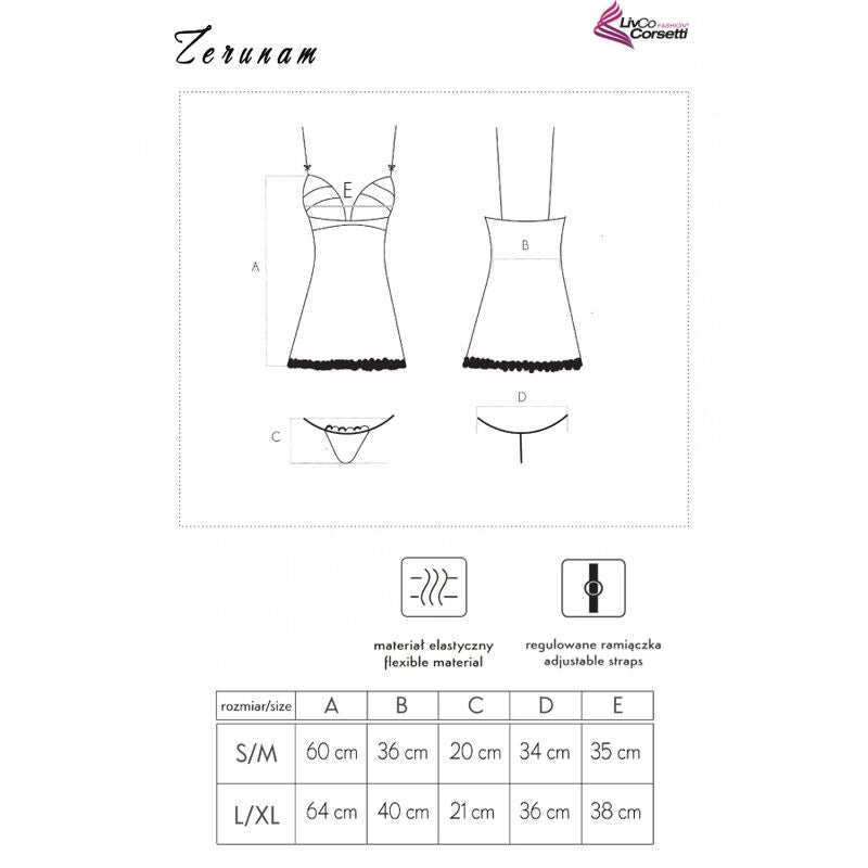 Schema technique Zerunam Livco Corsetti, croquis avant-arriere du babydoll et du string avec pictogrammes et tableau de mesures S/M et L/XL en cm.