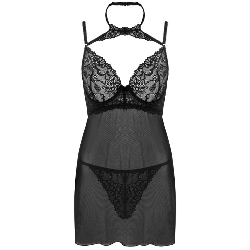 Babydoll noir Livco Corsetti pose a plat de face, tour de cou dentelle, bonnets florales et voile de tulle transparent avec empiecement dentelle au bas.