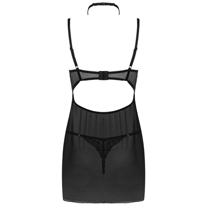 Babydoll noir Livco Corsetti a plat vu de dos, bretelles reglables, decoupe dorsale avec noeud et bas en tulle transparent sur fond blanc.