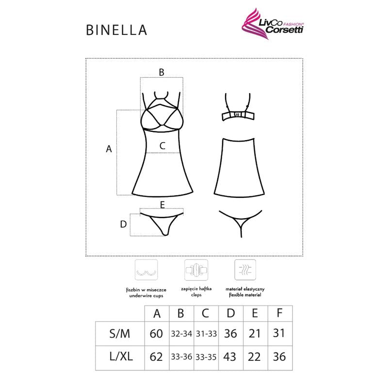 Schema technique Binella Livco Corsetti, croquis avant-arriere du babydoll et du string avec pictogrammes d'entretien et tableau de tailles S/M et L/XL.