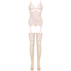 Ensemble 3 pièces corset dentelle, string et bas — vue de profil