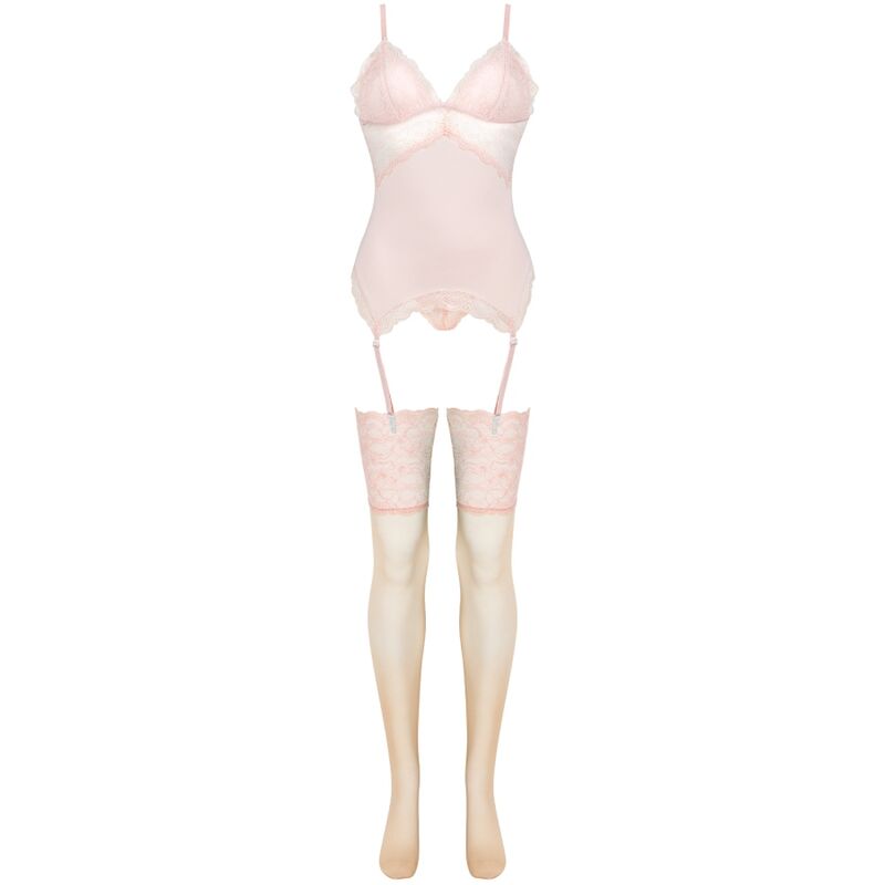 Ensemble 3 pièces corset dentelle, string et bas — vue de profil