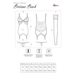 Ensemble 3 pièces corset dentelle, string et bas — détail texture surface