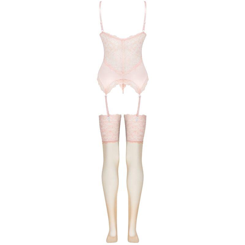 Ensemble 3 pièces corset dentelle, string et bas — vue de dos