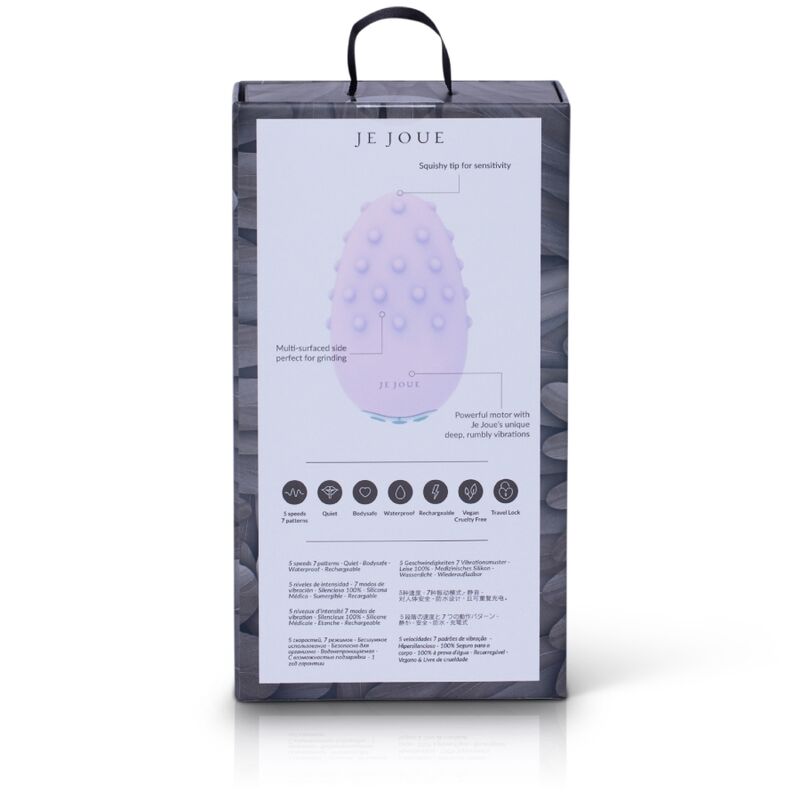 Dos de boîte Mimi Deux avec schéma annoté du galet lilas texturé et ses légendes, rangée de pictogrammes de fonctions alignés en bas du packaging sur fond de plume clair épuré.