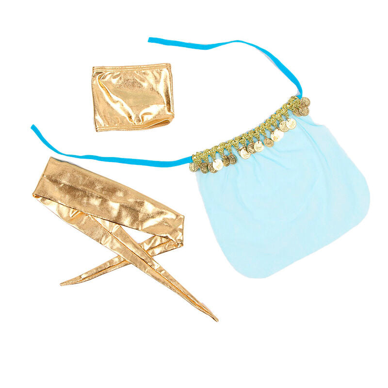 Accessoires du costume oriental Subblime a plat, brassard et bandeau dores a franges et jupe voile turquoise drapee, detail de la tenue fantaisie.