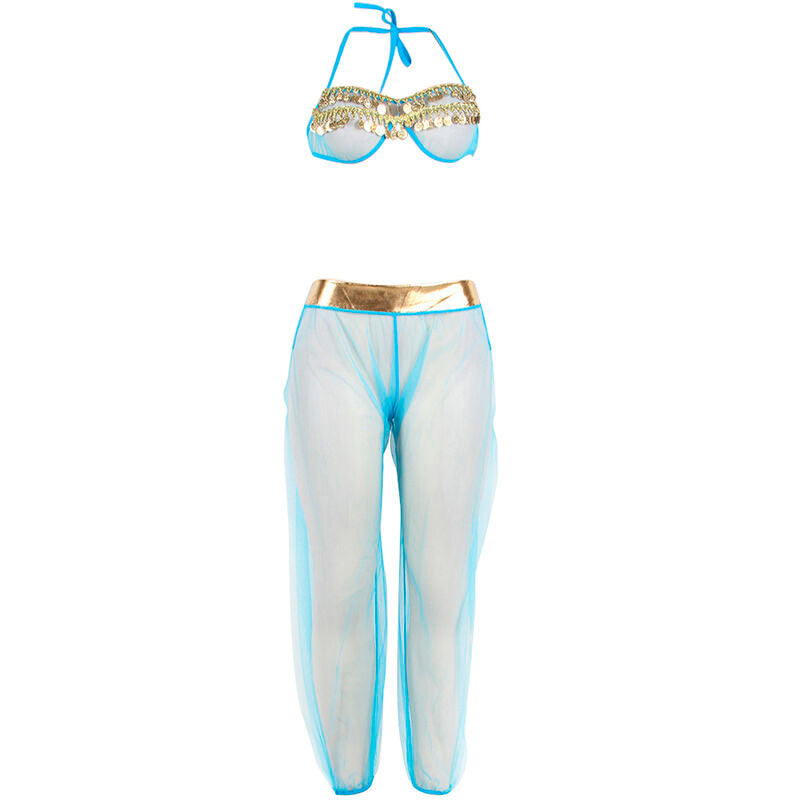Costume de genie Subblime presente seul, soutien-gorge dore et pantalon bouffant en voile turquoise transparent borde de bleu, separes sur fond blanc.