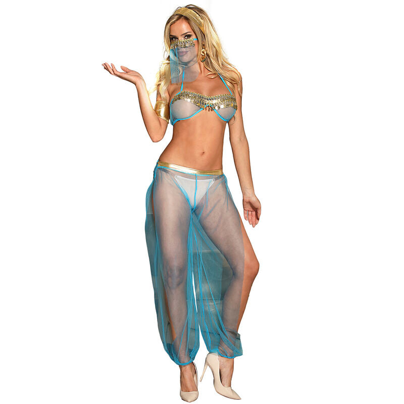 Costume de genie Subblime turquoise porte de face, bandeau dore et voile transparent sur les jambes, ambiance jeu de role oriental, masque assorti.