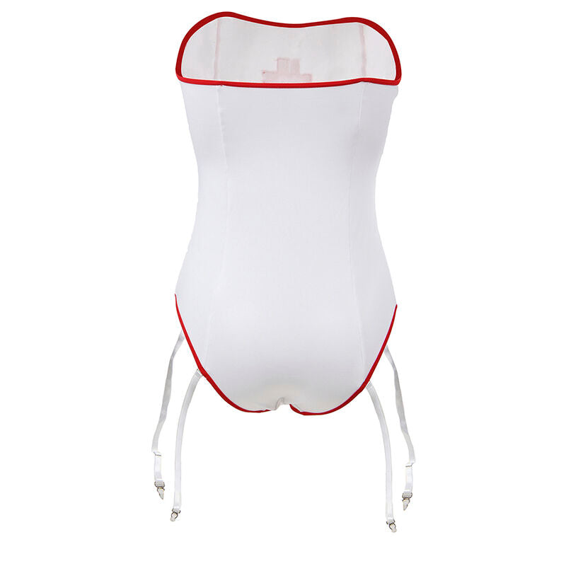 Teddy infirmiere blanc Subblime pose a plat, vue arriere : bordures rouges, decollete tube et attaches de porte-jarretelles visibles.