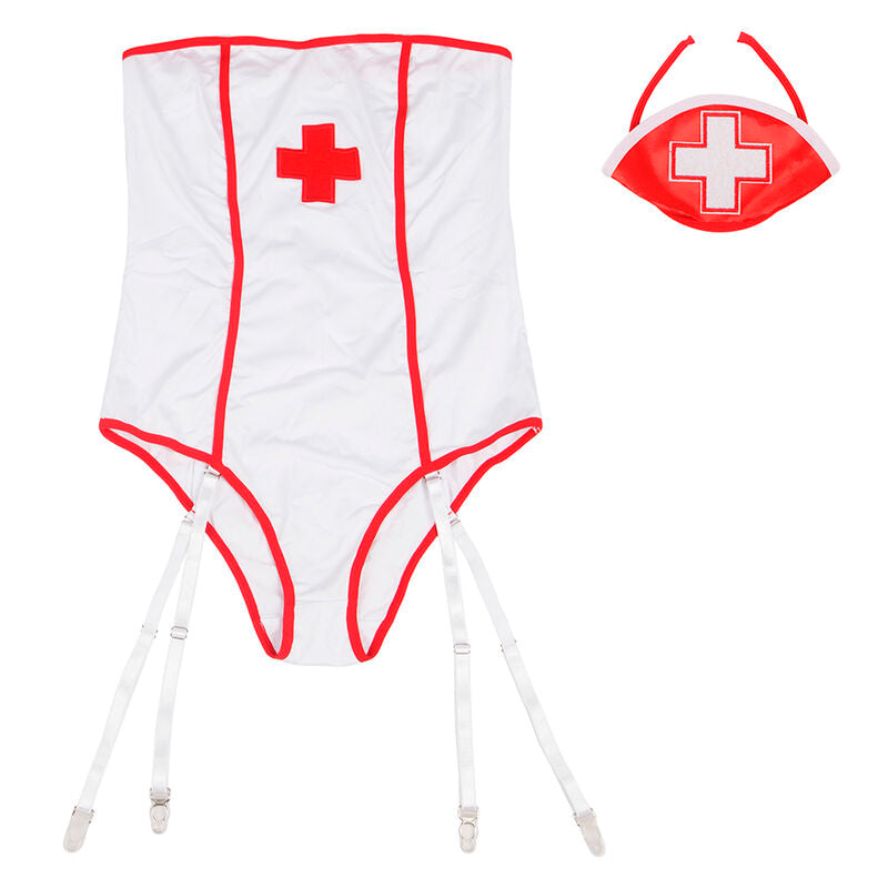 Costume infirmiere Subblime a plat : body blanc echancre a liseres rouges et croix, accompagne de sa coiffe assortie a croix brodee.